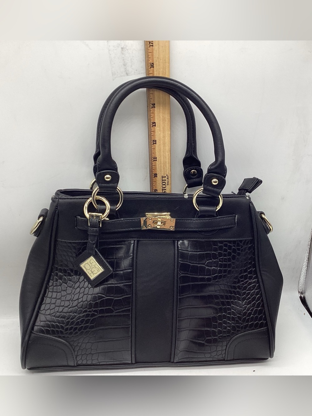 Structured Black Croc-Embossed Satchel with Gold Hardware